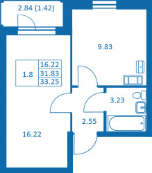 Однокомнатная квартира 33.25 м²