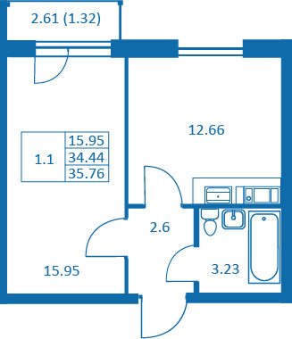 Однокомнатная квартира 35.76 м²