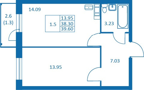 Однокомнатная квартира 39.6 м²